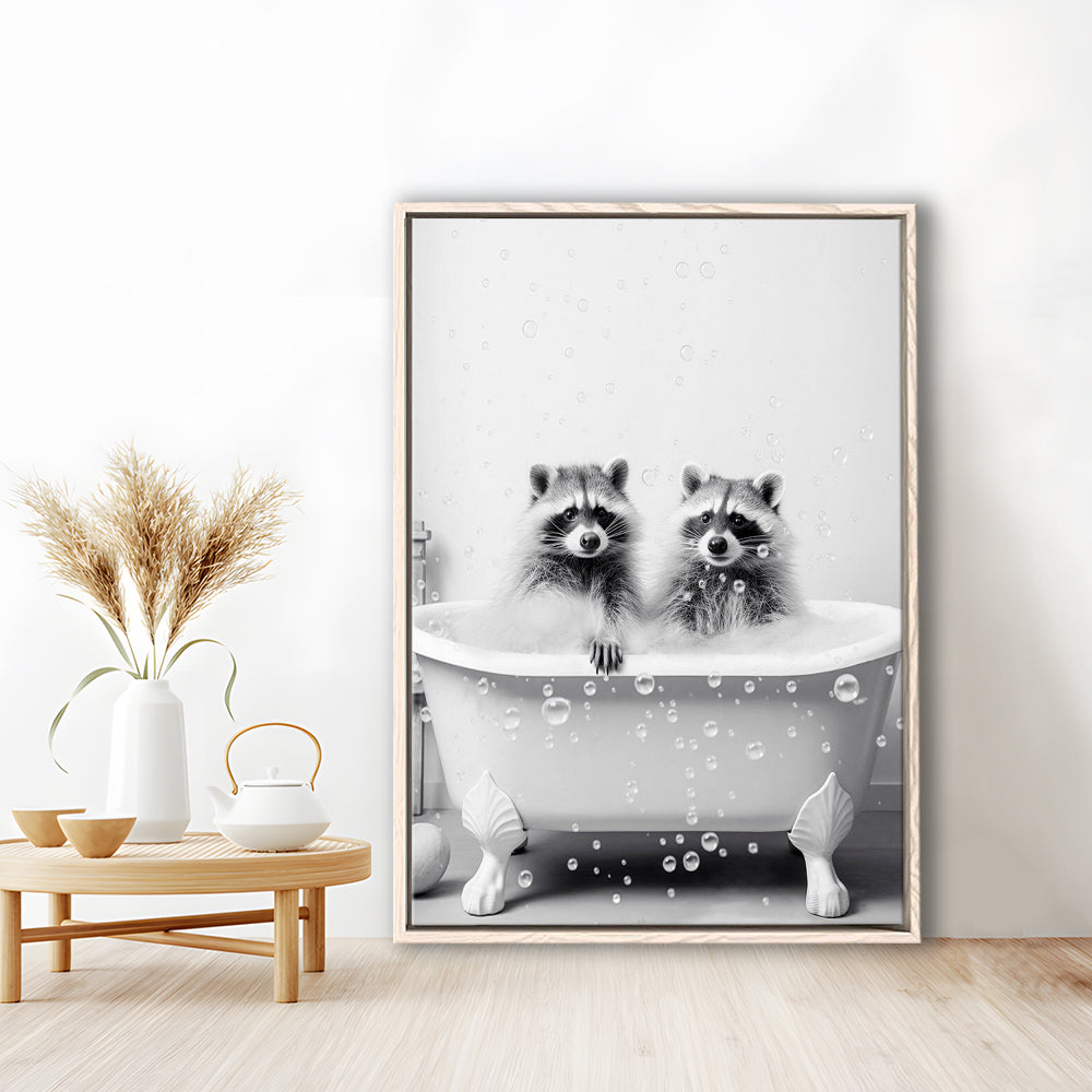Raccoons Bubble Bath Art Black and White Clawfoot Tub Bathroom Decor Cute, Framed Canvas Print Wall Art, Floating Frame