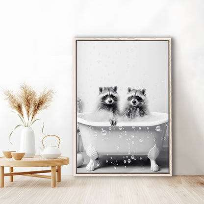 Raccoons Bubble Bath Art Black and White Clawfoot Tub Bathroom Decor Cute, Framed Canvas Print Wall Art, Floating Frame