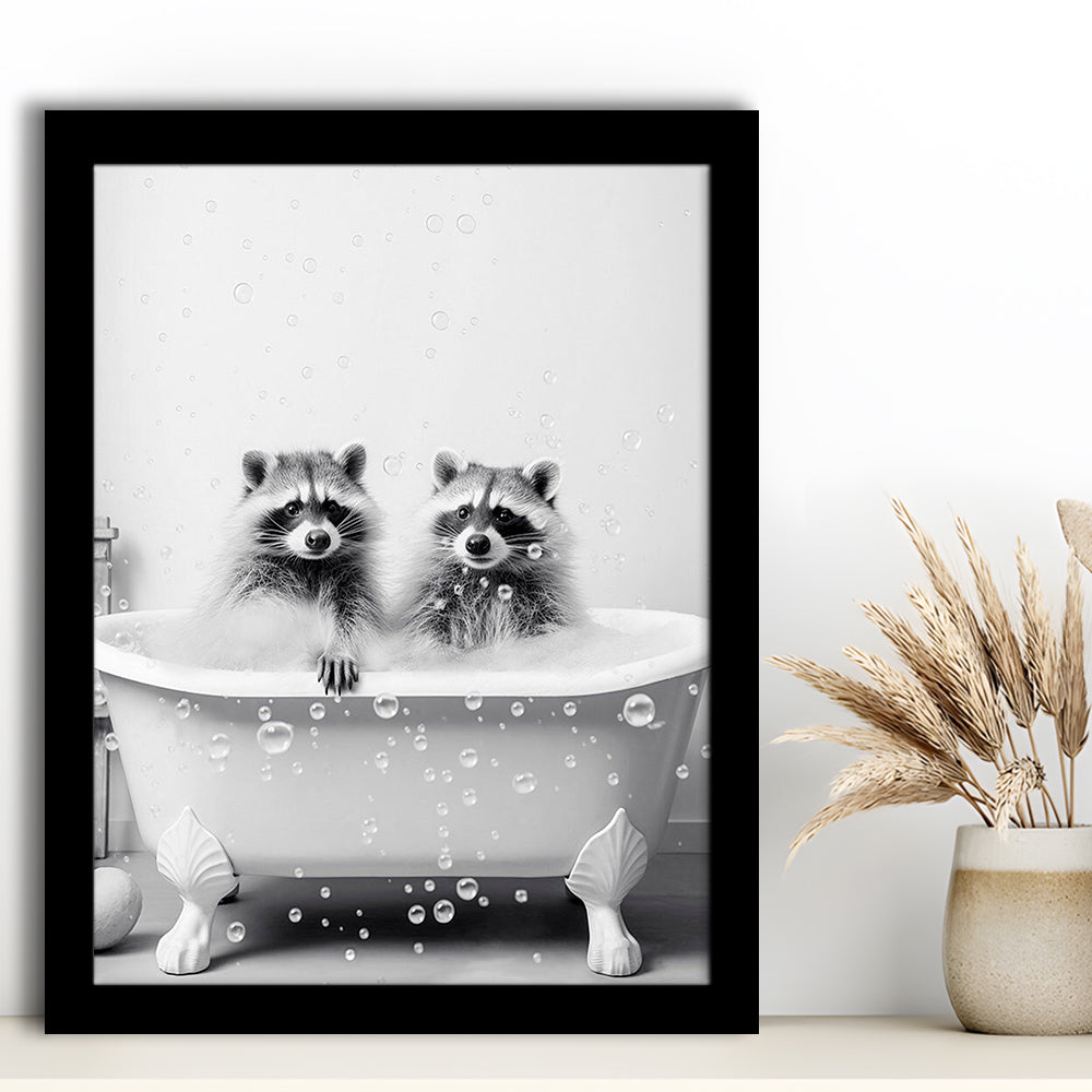 Raccoons Bubble Bath Art Black and White Clawfoot Tub Bathroom Decor Cute, Framed Art Print Wall Decor, Picture Framed