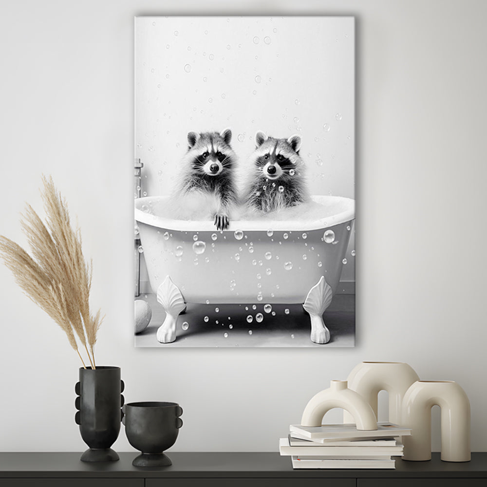 Raccoons Bubble Bath Art Black and White Clawfoot Tub Bathroom Decor Cute, Canvas Print Wall Art, Wall Decor, Painting Canvas