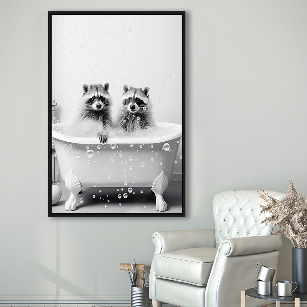Raccoons Bubble Bath Art Black and White Clawfoot Tub Bathroom Decor Cute, Framed Canvas Print Wall Art, Floating Frame