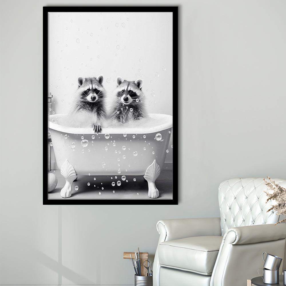 Raccoons Bubble Bath Art Black and White Clawfoot Tub Bathroom Decor Cute, Framed Art Print Wall Decor, Picture Framed