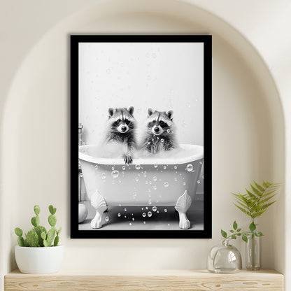 Raccoons Bubble Bath Art Black and White Clawfoot Tub Bathroom Decor Cute, Framed Art Print Wall Decor, Picture Framed