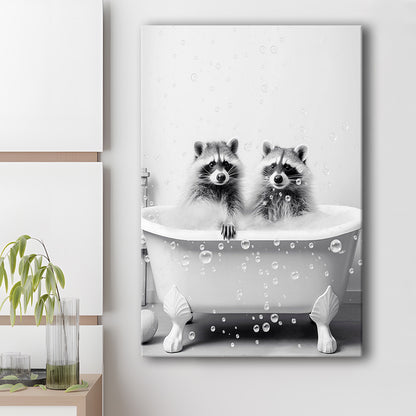 Raccoons Bubble Bath Art Black and White Clawfoot Tub Bathroom Decor Cute, Canvas Print Wall Art, Wall Decor, Painting Canvas