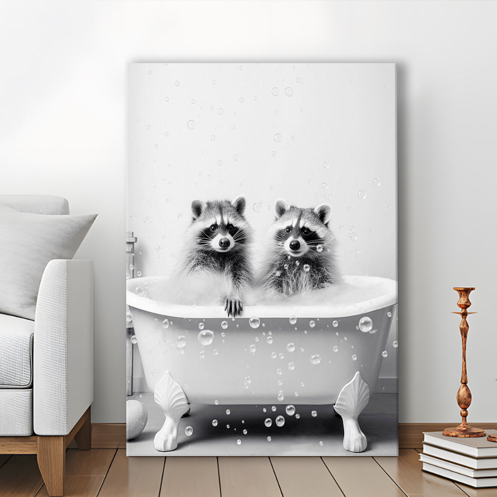 Raccoons Bubble Bath Art Black and White Clawfoot Tub Bathroom Decor Cute, Canvas Print Wall Art, Wall Decor, Painting Canvas