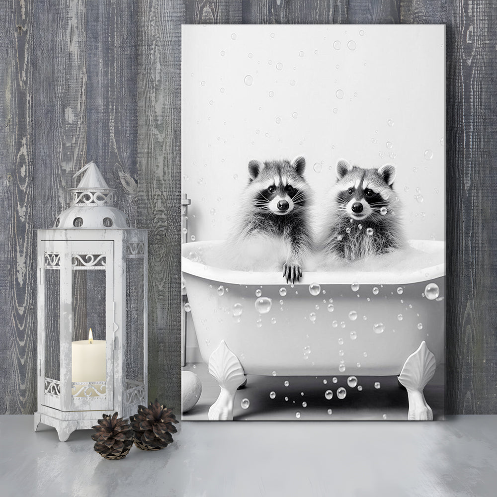 Raccoons Bubble Bath Art Black and White Clawfoot Tub Bathroom Decor Cute, Canvas Print Wall Art, Wall Decor, Painting Canvas