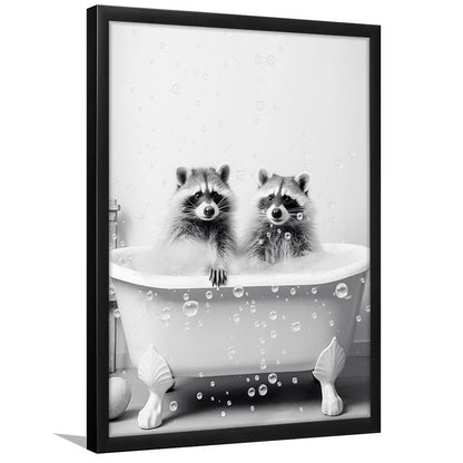 Raccoons Bubble Bath Art Black and White Clawfoot Tub Bathroom Decor Cute, Framed Art Print Wall Decor, Picture Framed