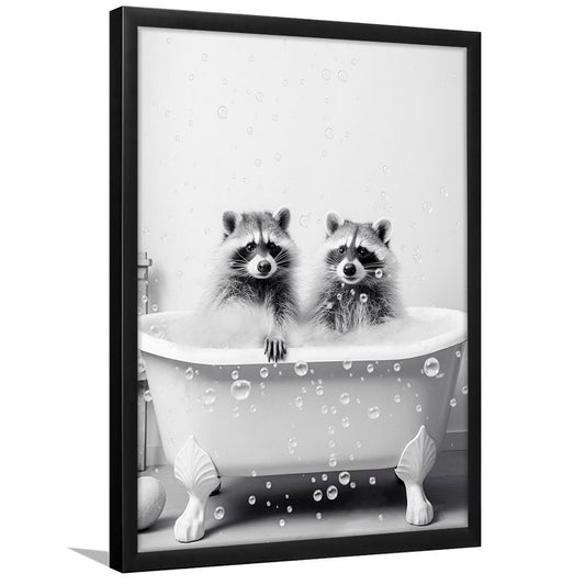 Raccoons Bubble Bath Art Black and White Clawfoot Tub Bathroom Decor Cute, Framed Art Print Wall Decor, Picture Framed