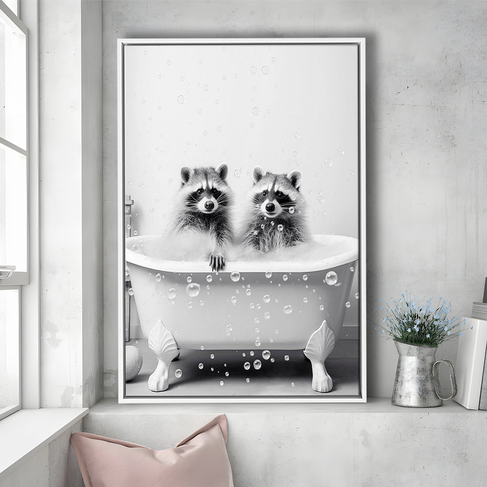 Raccoons Bubble Bath Art Black and White Clawfoot Tub Bathroom Decor Cute, Framed Canvas Print Wall Art, Floating Frame