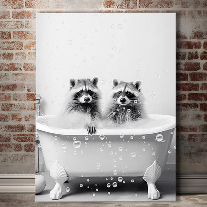 Raccoons Bubble Bath Art Black and White Clawfoot Tub Bathroom Decor Cute, Canvas Print Wall Art, Wall Decor, Painting Canvas