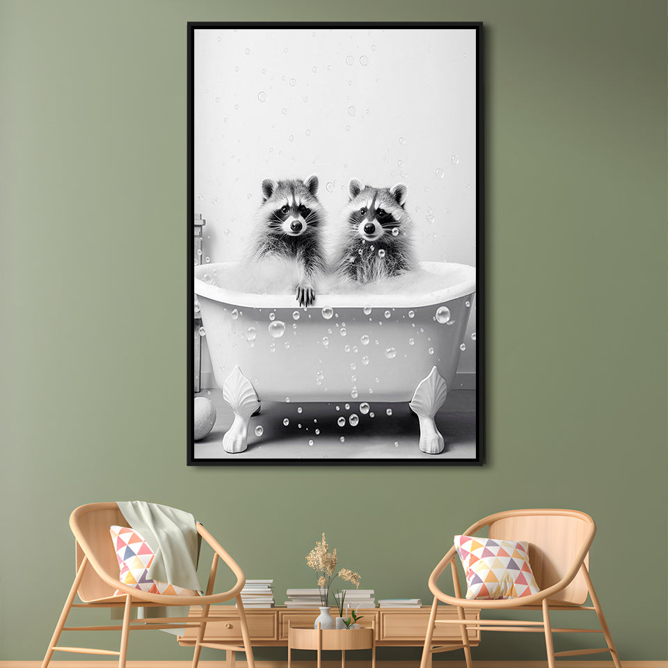 Raccoons Bubble Bath Art Black and White Clawfoot Tub Bathroom Decor Cute, Framed Canvas Print Wall Art, Floating Frame