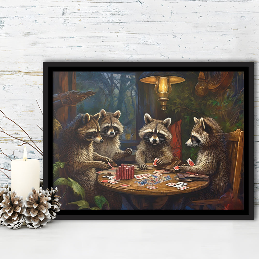 Raccoons Playing Poker, Game Room, Poker Room Decor, Man Cave, Framed Canvas Print Wall Art, Floating Frame