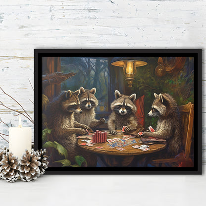 Raccoons Playing Poker, Game Room, Poker Room Decor, Man Cave, Framed Canvas Print Wall Art, Floating Frame
