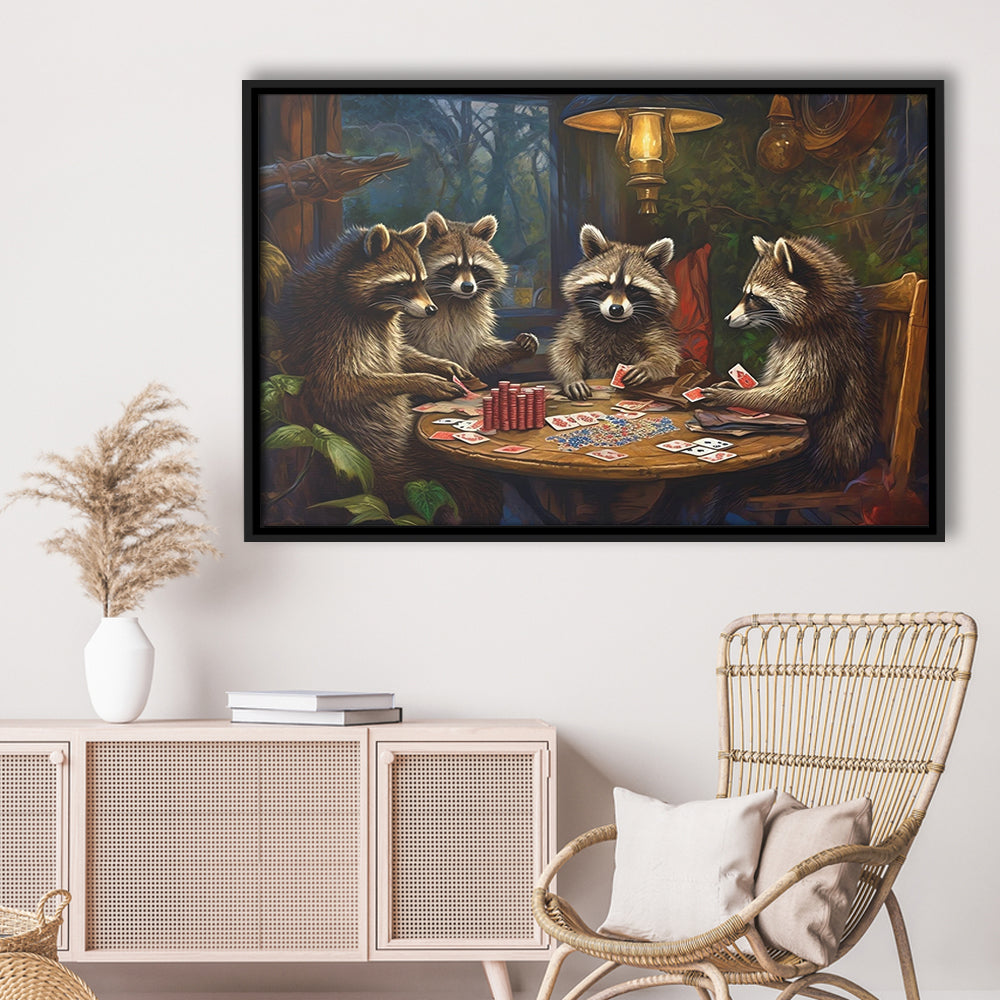 Raccoons Playing Poker, Game Room, Poker Room Decor, Man Cave, Framed Canvas Print Wall Art, Floating Frame