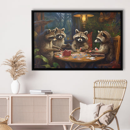 Raccoons Playing Poker, Game Room, Poker Room Decor, Man Cave, Framed Canvas Print Wall Art, Floating Frame