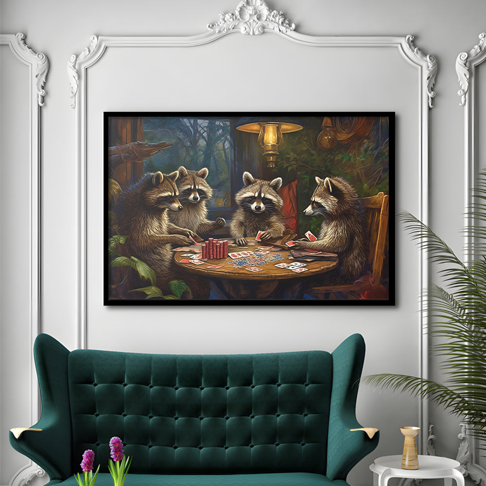 Raccoons Playing Poker, Game Room, Poker Room Decor, Man Cave, Framed Art Print Wall Decor, Picture Framed