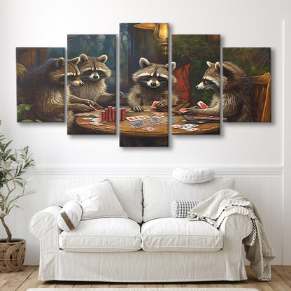 Raccoons Playing Poker, Game Room, Poker Room Decor, Man Cave, 5 Panel Mixed Canvas Print Wall Art, Large Canvas
