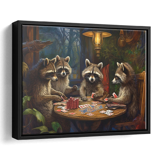 Raccoons Playing Poker, Game Room, Poker Room Decor, Man Cave, Framed Canvas Print Wall Art, Floating Frame
