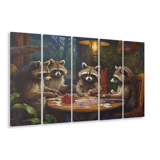 Raccoons Playing Poker, Game Room, Poker Room Decor, Man Cave, 5 Panel B Canvas Print Wall Art, Extra Large Canvas