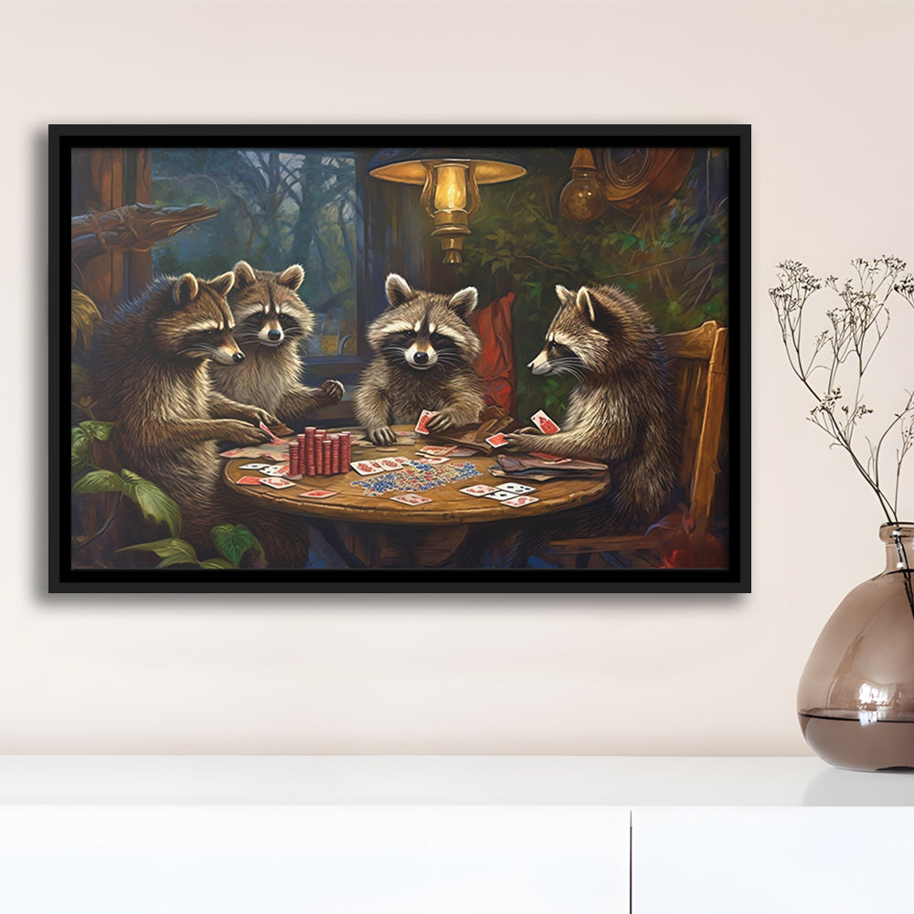 Raccoons Playing Poker, Game Room, Poker Room Decor, Man Cave, Framed Canvas Print Wall Art, Floating Frame
