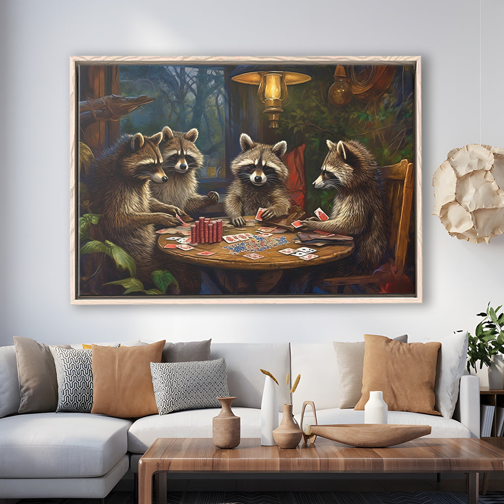 Raccoons Playing Poker, Game Room, Poker Room Decor, Man Cave, Framed Canvas Print Wall Art, Floating Frame