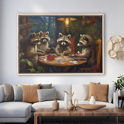 Raccoons Playing Poker, Game Room, Poker Room Decor, Man Cave, Framed Canvas Print Wall Art, Floating Frame