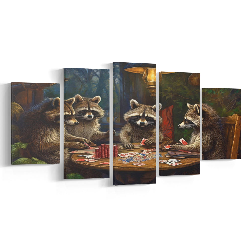 Raccoons Playing Poker, Game Room, Poker Room Decor, Man Cave, 5 Panel Mixed Canvas Print Wall Art, Large Canvas
