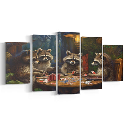 Raccoons Playing Poker, Game Room, Poker Room Decor, Man Cave, 5 Panel Mixed Canvas Print Wall Art, Large Canvas