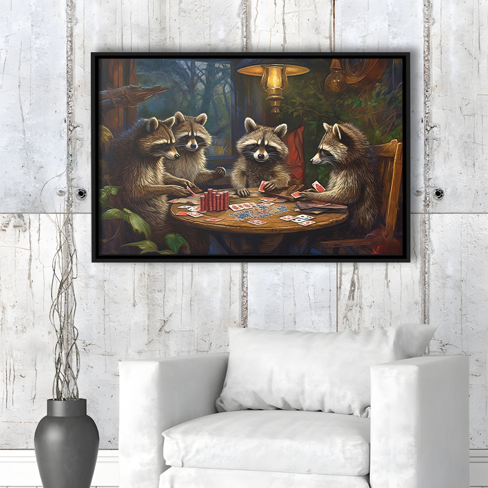 Raccoons Playing Poker, Game Room, Poker Room Decor, Man Cave, Framed Canvas Print Wall Art, Floating Frame