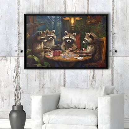 Raccoons Playing Poker, Game Room, Poker Room Decor, Man Cave, Framed Canvas Print Wall Art, Floating Frame
