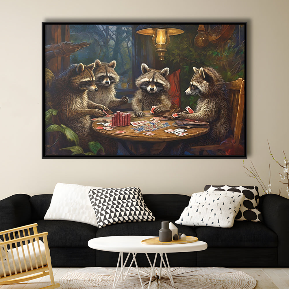Raccoons Playing Poker, Game Room, Poker Room Decor, Man Cave, Framed Canvas Print Wall Art, Floating Frame