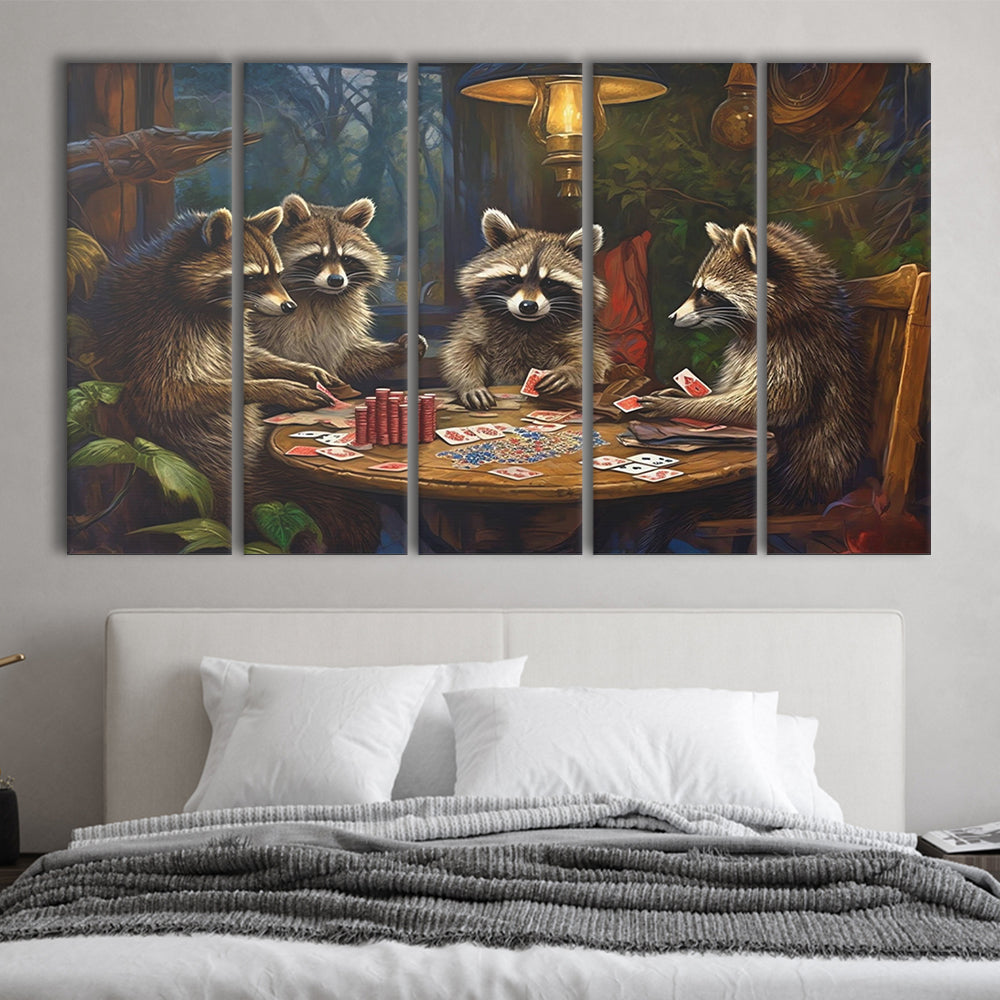 Raccoons Playing Poker, Game Room, Poker Room Decor, Man Cave, 5 Panel B Canvas Print Wall Art, Extra Large Canvas