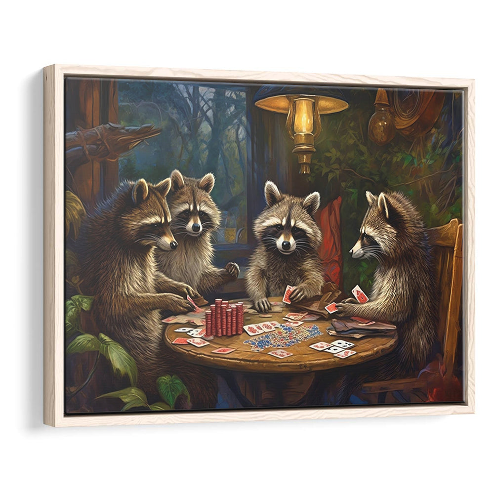 Raccoons Playing Poker, Game Room, Poker Room Decor, Man Cave, Framed Canvas Print Wall Art, Floating Frame