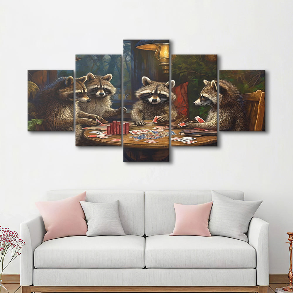 Raccoons Playing Poker, Game Room, Poker Room Decor, Man Cave, 5 Panel Mixed Canvas Print Wall Art, Large Canvas