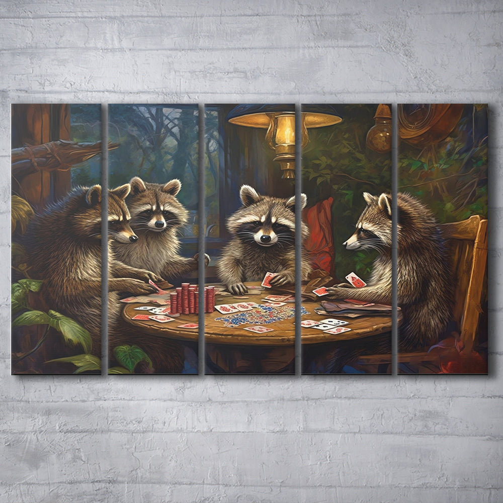 Raccoons Playing Poker, Game Room, Poker Room Decor, Man Cave, 5 Panel B Canvas Print Wall Art, Extra Large Canvas