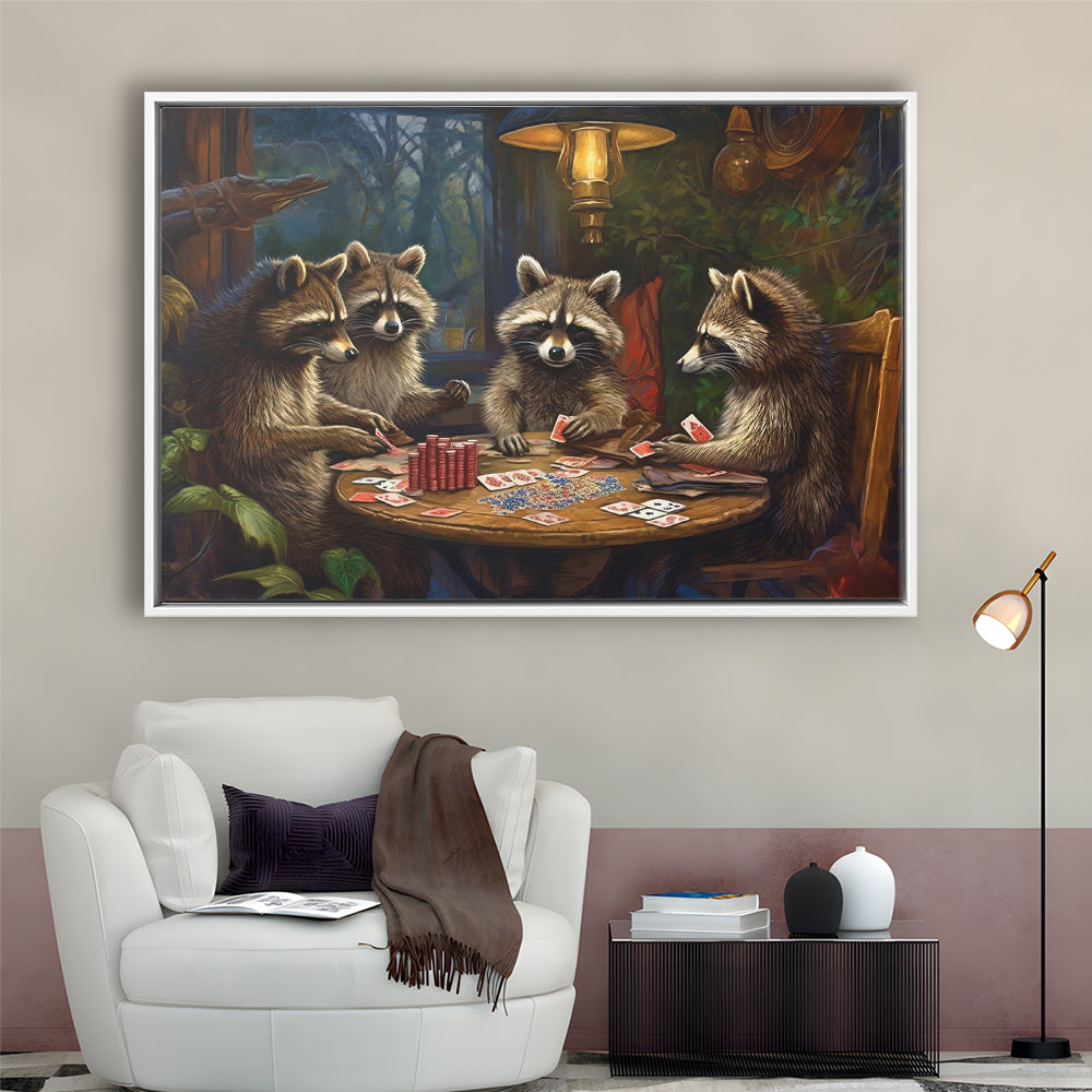 Raccoons Playing Poker, Game Room, Poker Room Decor, Man Cave, Framed Canvas Print Wall Art, Floating Frame