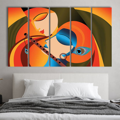 Radha Krishna Abstract Art, Multicolored Printed Wall Decor, Religion Wall Art, 5 Piece B Extra Large Cavas Print Wall Art