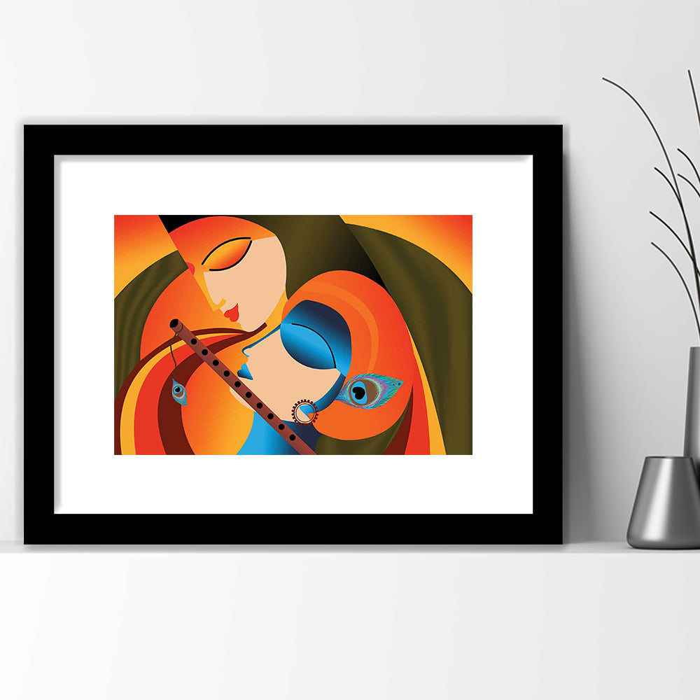 Radha Krishna Abstract Art, Multicolored Printed Wall Decor, Religion Wall Art, Framed Art Print White Border