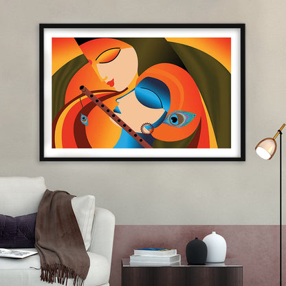 Radha Krishna Abstract Art, Multicolored Printed Wall Decor, Religion Wall Art, Framed Art Print White Border
