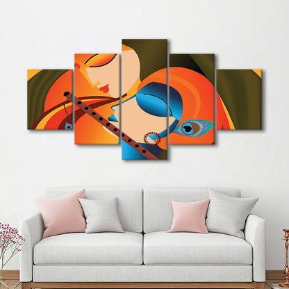 Radha Krishna Abstract Art, Multicolored Printed Wall Decor, Religion Wall Art, 5 Piece Large Cavas Print Wall Art