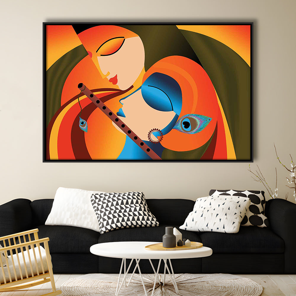 Radha Krishna Abstract Art, Multicolored Printed Wall Decor, Religion Wall Art, Framed Cavas Print, Floating Frame
