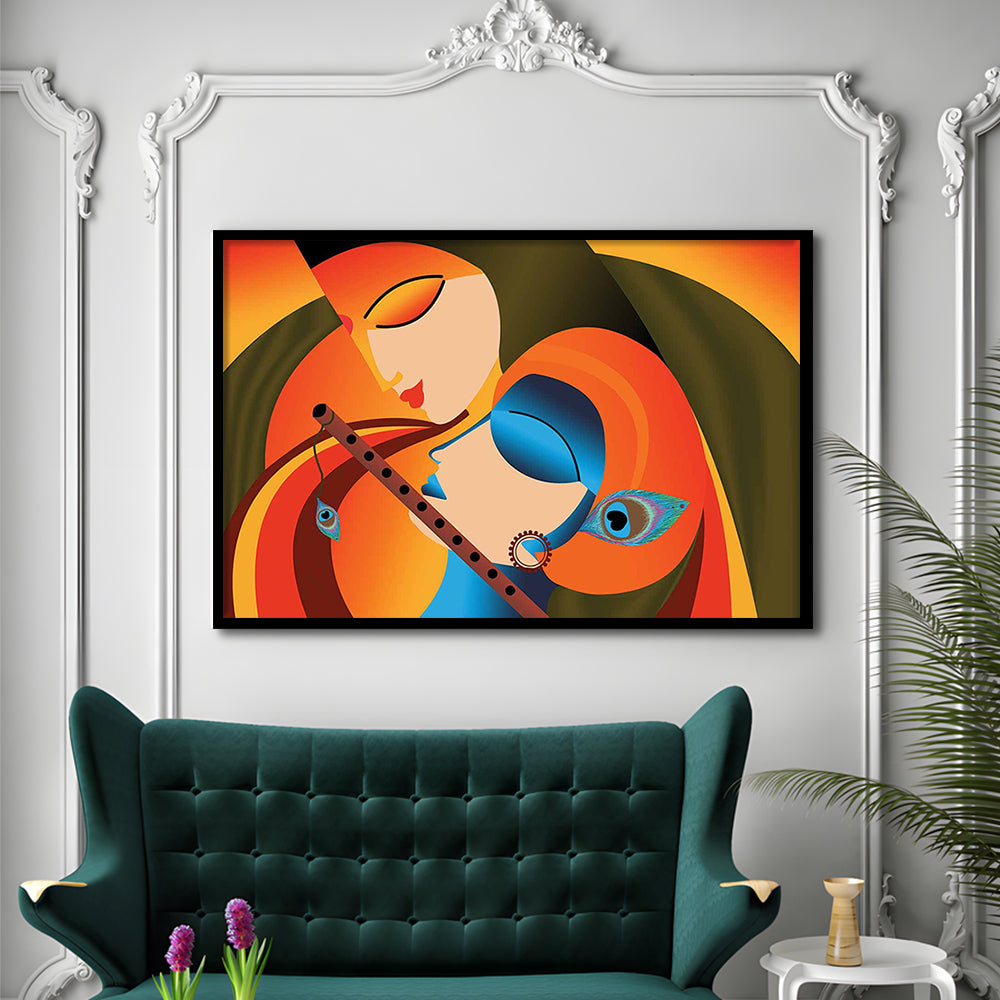 Radha Krishna Abstract Art, Multicolored Printed Wall Decor, Religion Wall Art, Framed Art Print, Picture Framed