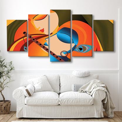 Radha Krishna Abstract Art, Multicolored Printed Wall Decor, Religion Wall Art, 5 Piece Large Cavas Print Wall Art