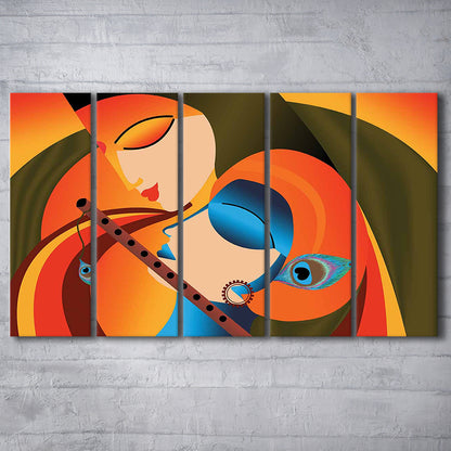 Radha Krishna Abstract Art, Multicolored Printed Wall Decor, Religion Wall Art, 5 Piece B Extra Large Cavas Print Wall Art