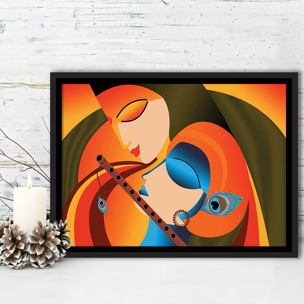 Radha Krishna Abstract Art, Multicolored Printed Wall Decor, Religion Wall Art, Framed Cavas Print, Floating Frame