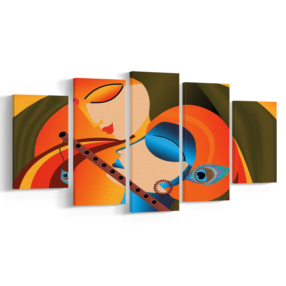 Radha Krishna Abstract Art, Multicolored Printed Wall Decor, Religion Wall Art, 5 Piece Large Cavas Print Wall Art