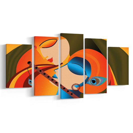 Radha Krishna Abstract Art, Multicolored Printed Wall Decor, Religion Wall Art, 5 Piece Large Cavas Print Wall Art