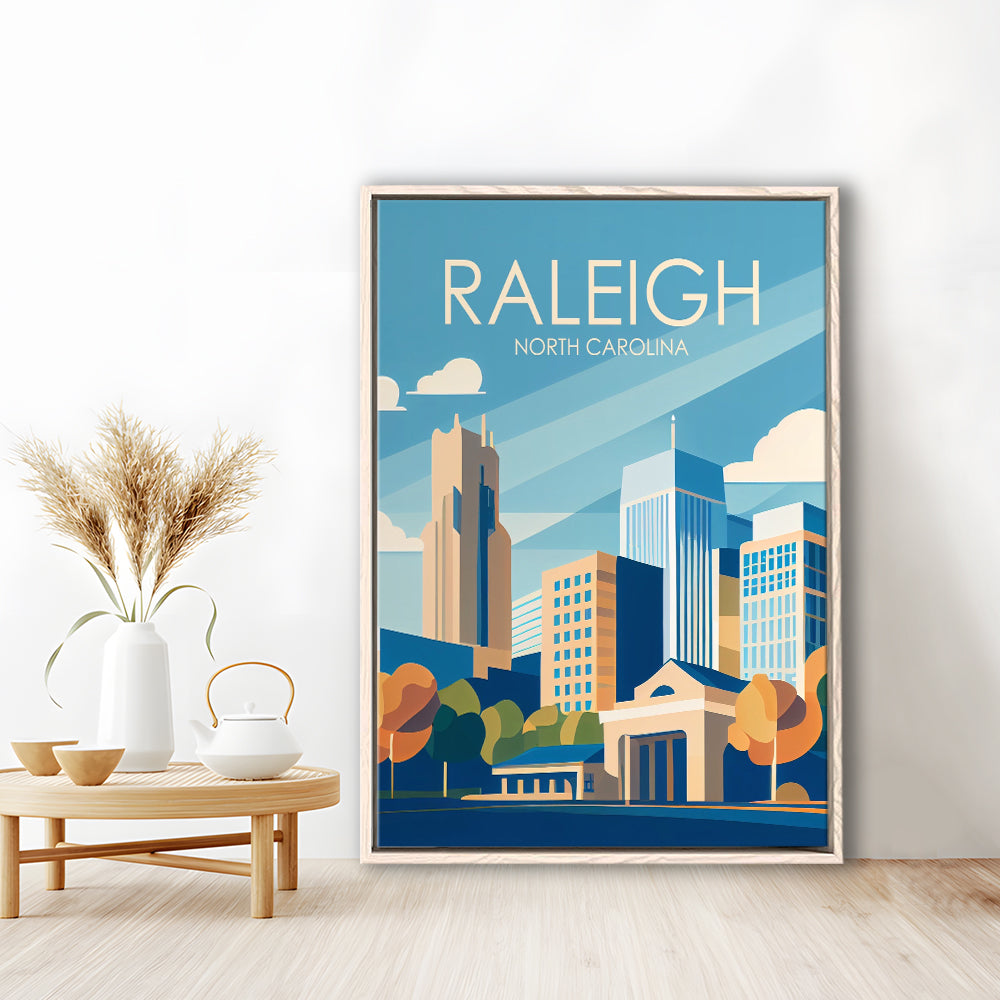 Raleigh North Carolina Retro Art Print, Raleigh City Wall Art, Floating Framed Canvas Print, Framed Picture, Painting Canvas