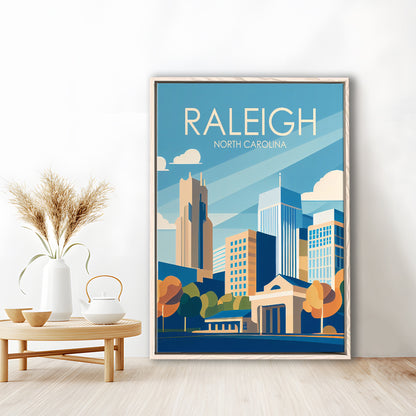 Raleigh North Carolina Retro Art Print, Raleigh City Wall Art, Floating Framed Canvas Print, Framed Picture, Painting Canvas