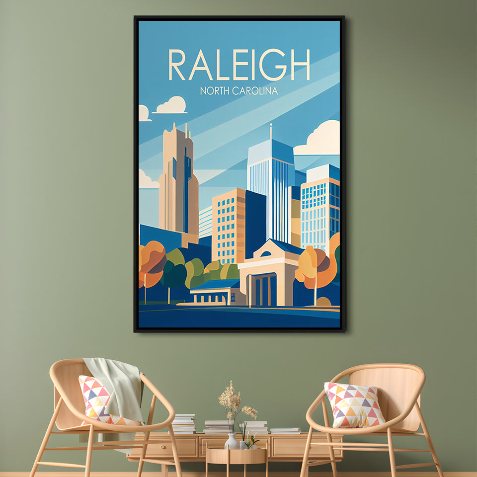 Raleigh North Carolina Retro Art Print, Raleigh City Wall Art, Floating Framed Canvas Print, Framed Picture, Painting Canvas